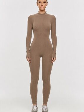 NAMA | L | Taupe Ribbed Full Length Jumpsuit